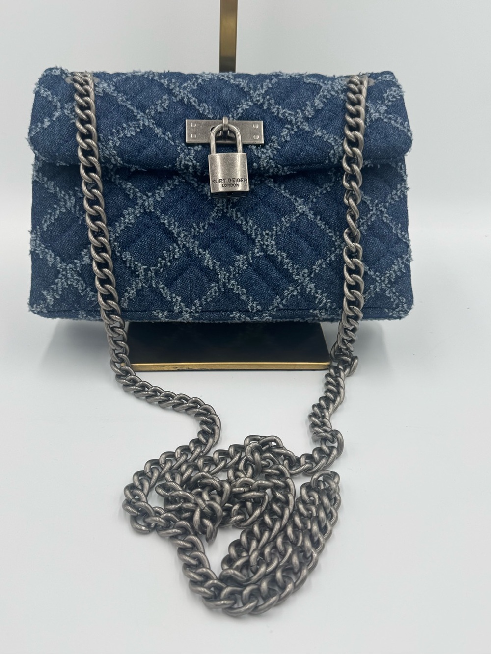 Kurt Geiger Brixton Denim Quilted Two-Way Bag w/ Pewter Tone Hardware & Dust Bag - Picture 12 of 13
